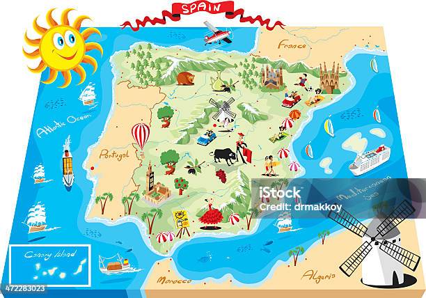 Fumetto Mappa Della Spagna - Immagini vettoriali stock e altre immagini di Stretto di Gibilterra - Stretto di Gibilterra, Isole Baleari, Carta geografica