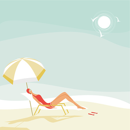 Summer scene with woman sunbathing on the beach.