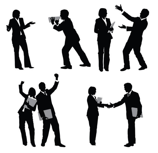 남자 사업가 및 치도 함께 - cheering men shouting silhouette stock illustrations