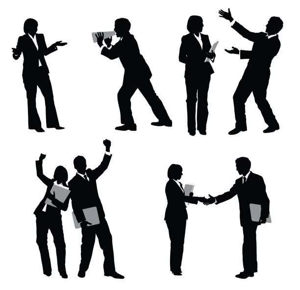 ilustrações de stock, clip art, desenhos animados e ícones de empresário e mulher de negócios, trabalhando em conjunto - cheering men shouting silhouette