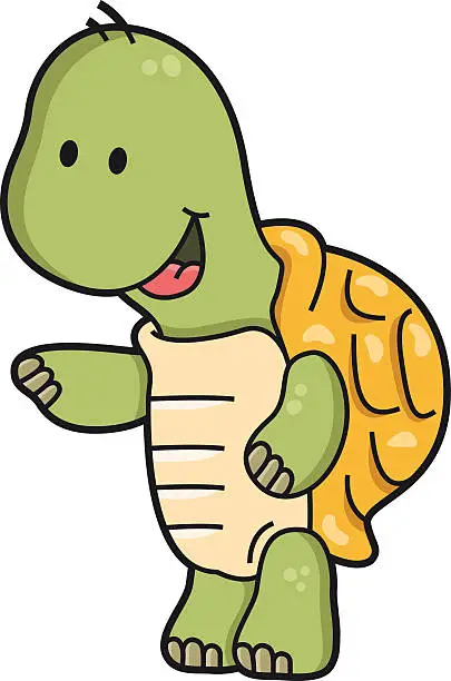 Vector illustration of cartoon turtle points to something and laughs