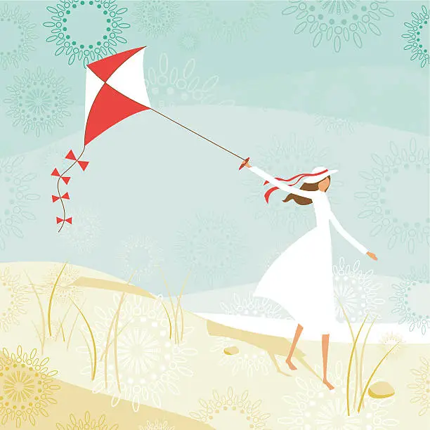 Vector illustration of Woman and kite on the beach