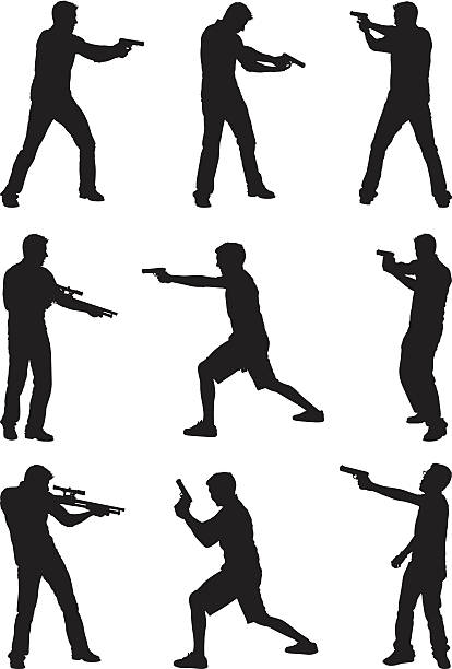 illustrazioni stock, clip art, cartoni animati e icone di tendenza di casual uomo con armi - gun gunman handgun men
