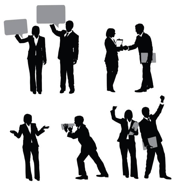 ilustrações, clipart, desenhos animados e ícones de empresário e empresária juntos - cheering men shouting silhouette