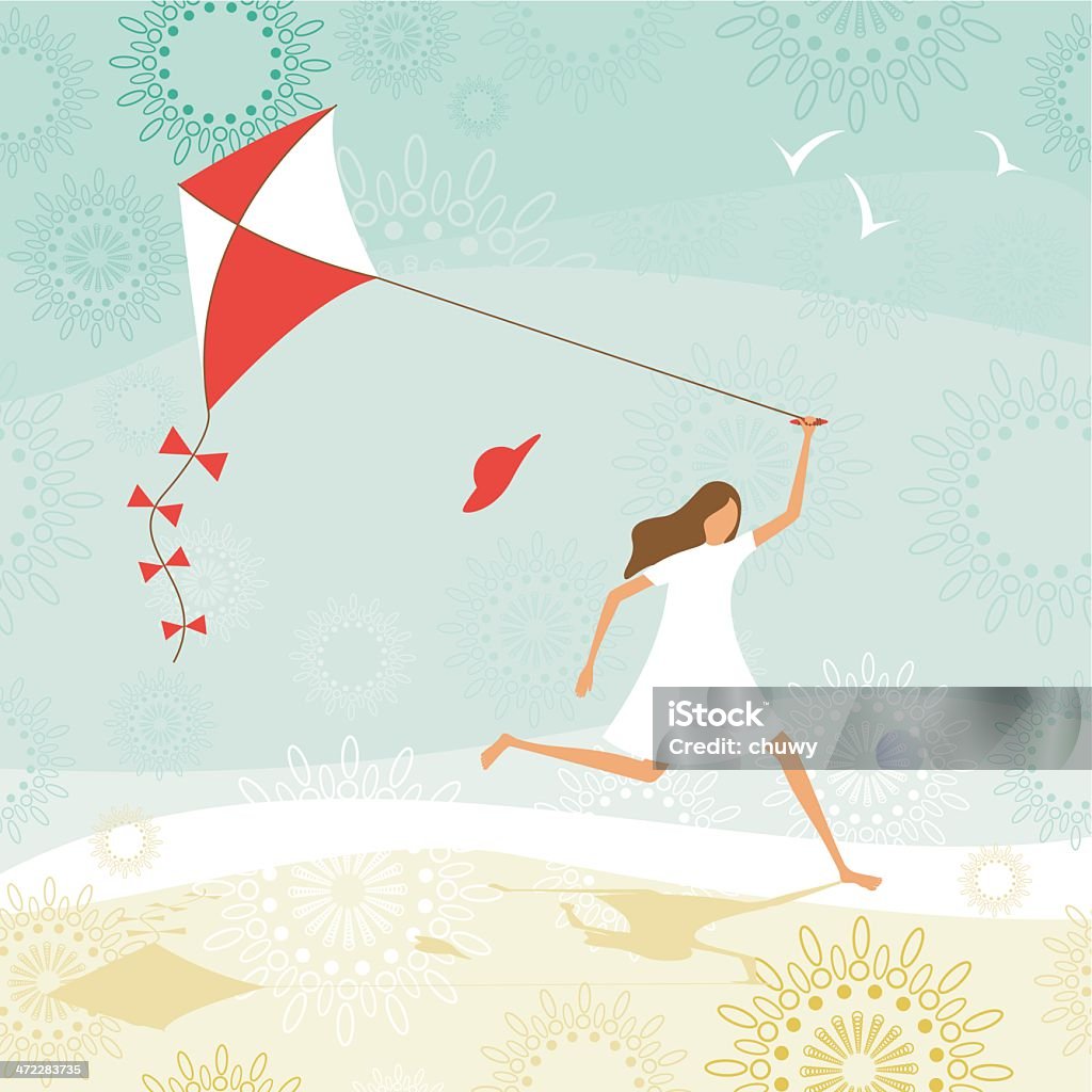 Summer girl flying a kite Summer scene with girl flying a kite on the beach. Kite - Toy stock vector