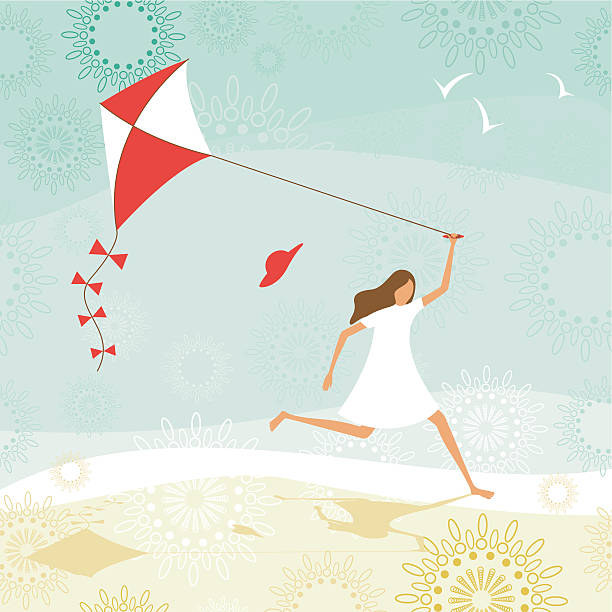 Summer girl flying a kite vector art illustration