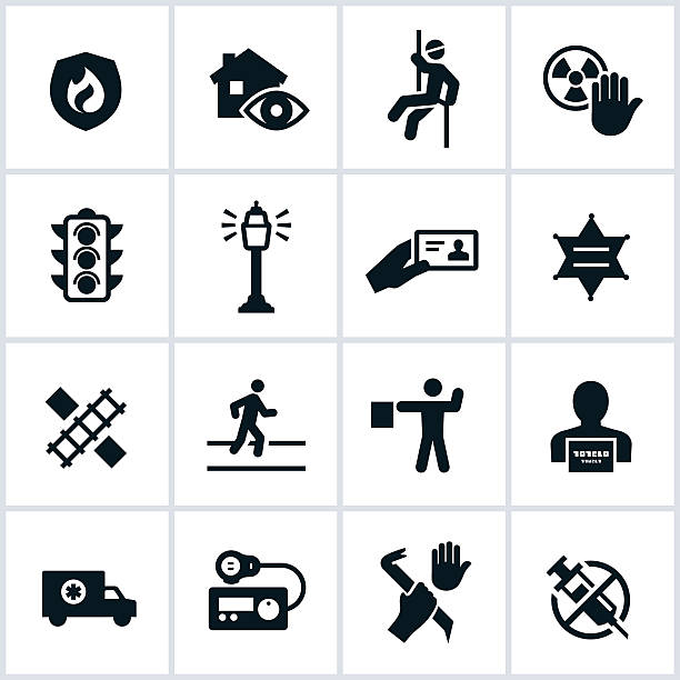 Public Safety Icons Black public safety icons. The icons represent public safety themes of fire and rescue, neighborhood watch, public safety road and street services, crossing guard, and law enforcement. neighborhood crime watch stock illustrations