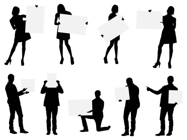 Male and female vector images holding blank posters Male and female vector images holding blank postershttp://www.twodozendesign.info/i/1.png sequence dress stock illustrations