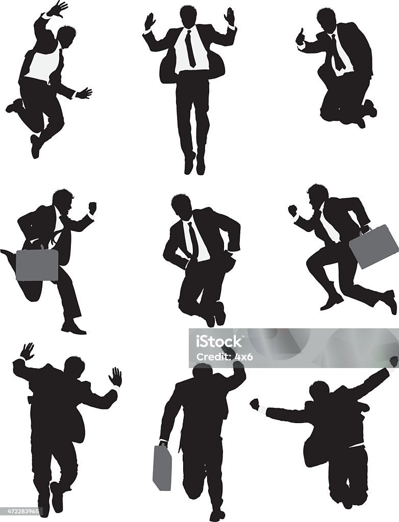 Hombre de negocios en traje de salto mediados de poses de aire - arte vectorial de Aclamar libre de derechos