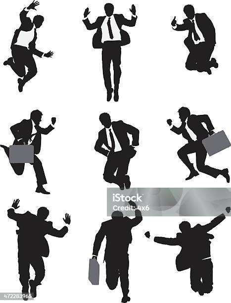 Ilustración de Hombre De Negocios En Traje De Salto Mediados De Poses De Aire y más Vectores Libres de Derechos de Aclamar