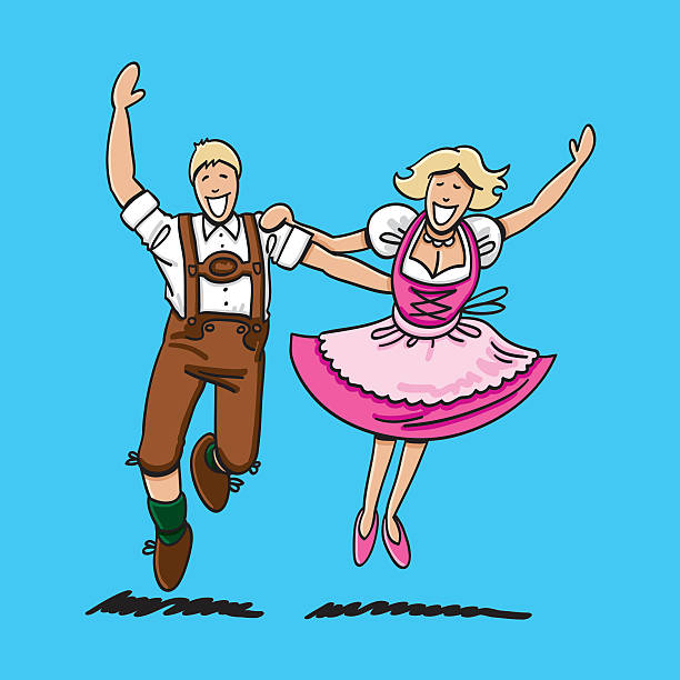 Happy Bavarian Couple Dancing Vector illustration of a happy bavarian couple in Dirndl and Lederhosen. They are dancing at the Beer Fest. The line art, color and background are on separate layers, so you also can use the illustration on your own background. The colors in the .eps-file are ready for print (CMYK). Included files: EPS (v8) and Hi-Res JPG. pics of dirndl skirt stock illustrations