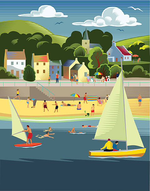 ilustrações de stock, clip art, desenhos animados e ícones de cidade costeira com praia - ankle deep in water