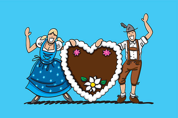 Happy Beer Fest Couple With Gingerbread Heart Vector illustration of a waving bavarian couple in Dirndl and Lederhosen. They're holding a XXL gingerbread heart, where you can place your own text message. The line art, color and background are on separate layers, so you also can use the illustration on your own background. The colors in the .eps-file are ready for print (CMYK). Included files: EPS (v8) and Hi-Res JPG. pics of dirndl skirt stock illustrations