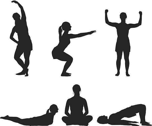 ilustraciones, imágenes clip art, dibujos animados e iconos de stock de chica haciendo ejercicios de yoga silueta - mujer agachada perfil