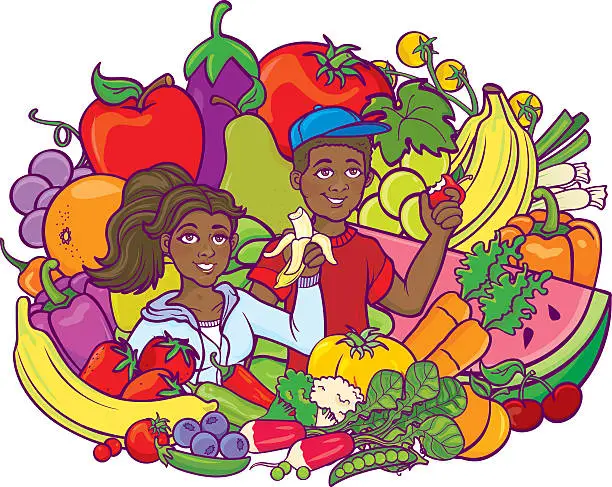 Vector illustration of Healthy Eating Children Black
