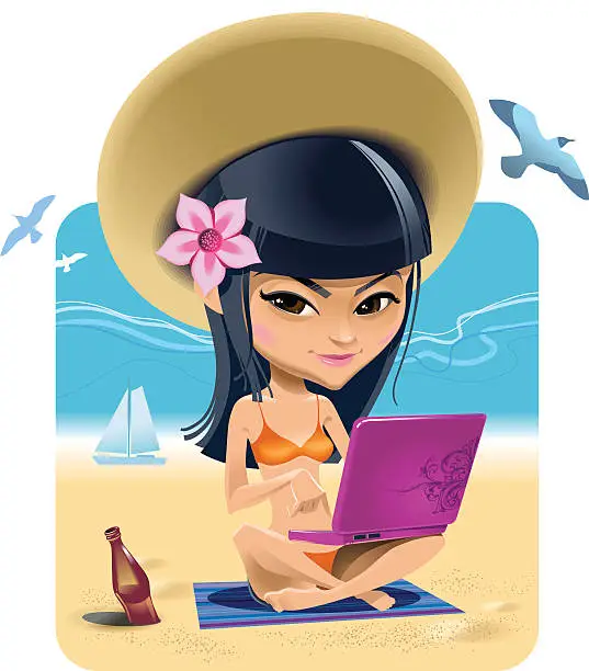 Vector illustration of Young woman on the beach with laptop