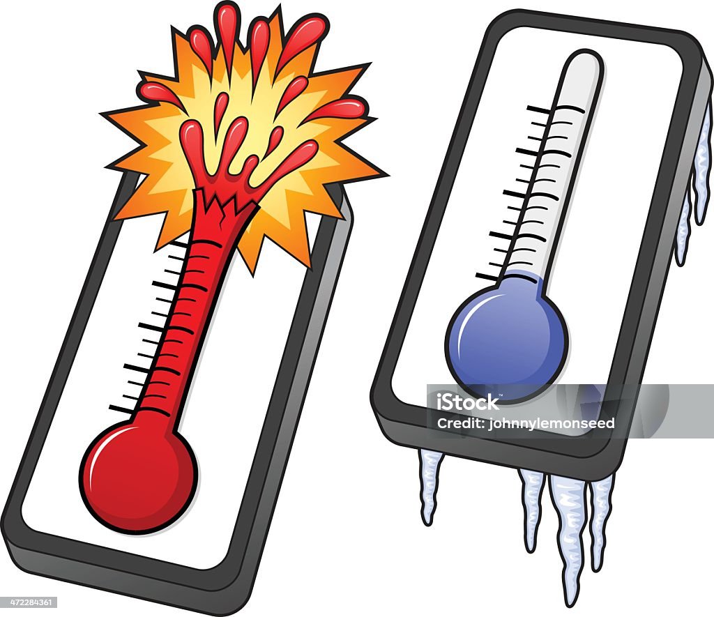 Hot and Cold Thermometers Vector illustration of a pair of thermometers, one exploding from the heat and one freezing from the cold.  Illustration uses linear and radial gradients.  Both .ai and AI8-compatible .eps formats are included, along with a high-res .jpg Thermometer stock vector