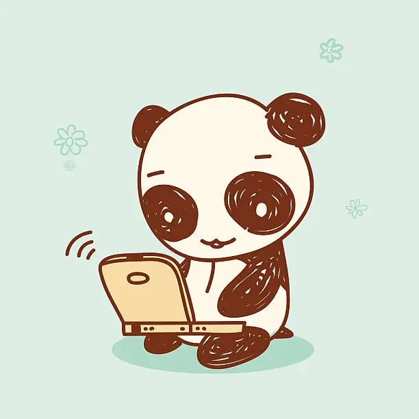 Vector illustration of Panda Using a Laptop Computer