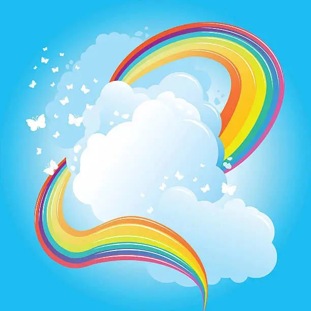 Vector illustration of Rainbow and butterflies in the clouds