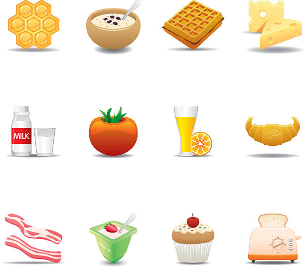 breakfast food icon set/элегантный серии - bread waffle bacon toast stock illustrations