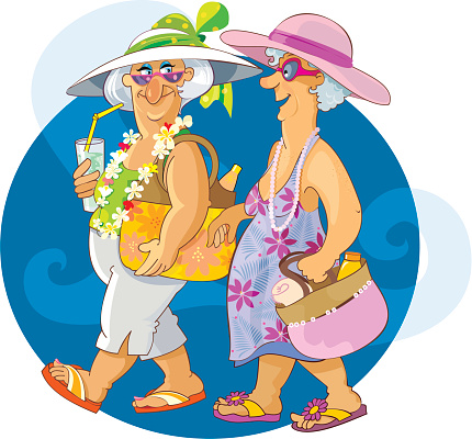 Two happy old girls with their cocktail, hat and sun tan lotion on a tropical beach holiday, ready to catch some sun, and have a lovely vacation.