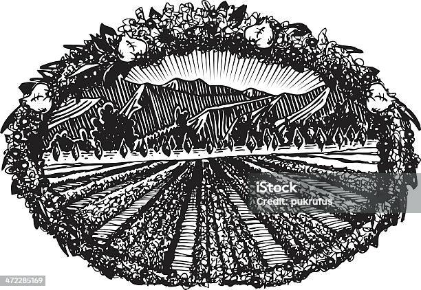 Kranz Landschaft Radierungen Stock Vektor Art und mehr Bilder von Baum - Baum, Berg, Blume