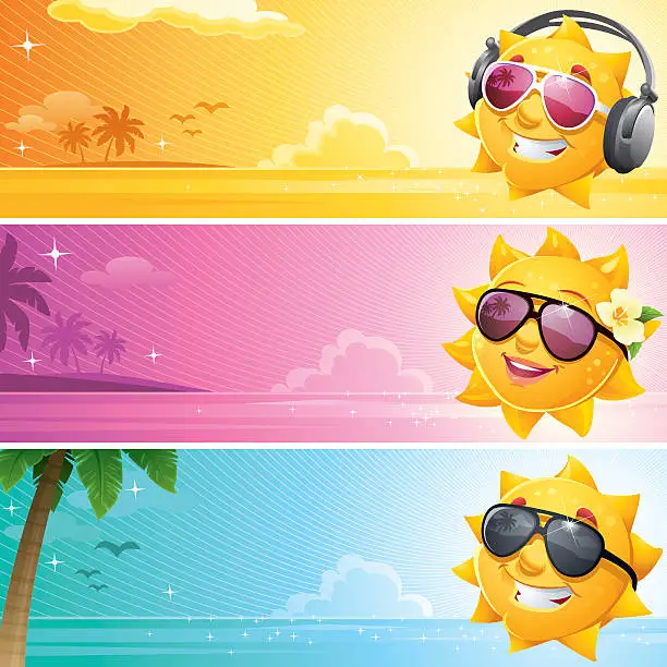 Vector illustration of Cool Cartoon Sun Summer Banner