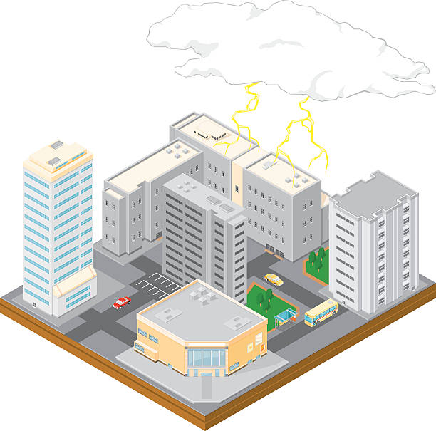 ilustraciones, imágenes clip art, dibujos animados e iconos de stock de isométricos tormenta de la ciudad - weather cloud window rain