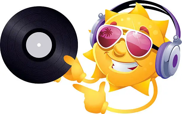 Vector illustration of Cool Cartoon Sun Character With Headphones And Sunglasses Holding Record