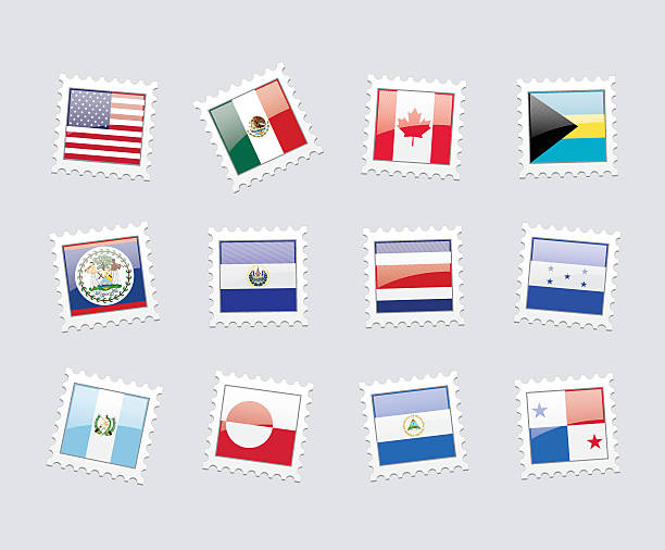 Postage Stamp Flags: Central and North America North America and Central America postage stamp flag set for your mobile applications, web and graphic designs and presentations. panamanian flag stock illustrations