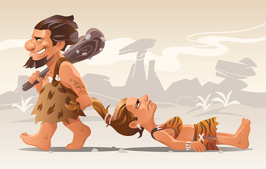 A caveman with a big club dragging a cavewoman by her hair. Fully editable and all labeled in layers. 