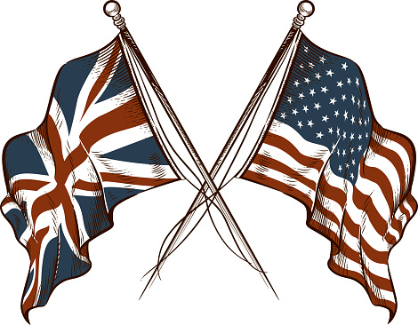 Vintage-style illustrations of the British and American flags.