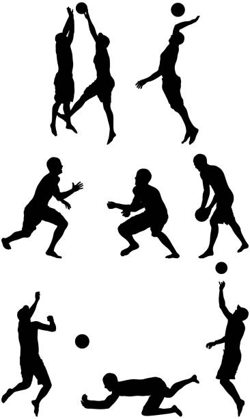 ilustrações de stock, clip art, desenhos animados e ícones de silhueta de pessoas jogando voleibol de praia - studio shot white background action activity
