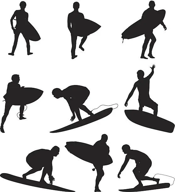 Vector illustration of Multiple images of a man with surfboarding