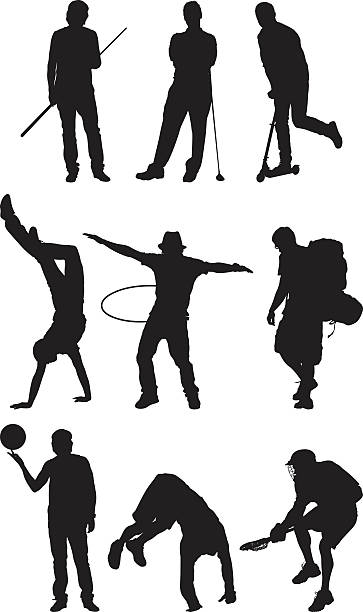 ilustraciones, imágenes clip art, dibujos animados e iconos de stock de varias imágenes de un hombre en diferentes poses - golf action silhouette balance