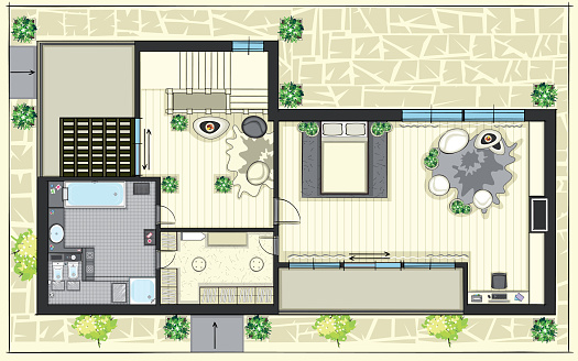 House top view. House plan with furnitures, second floor.