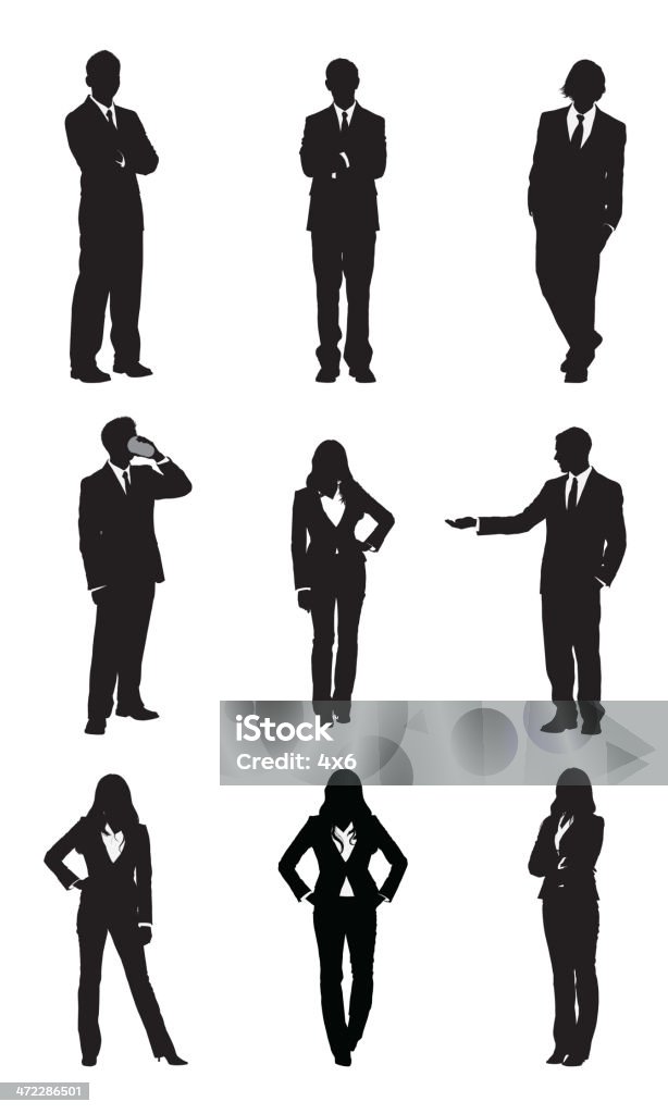 Business executives standing in different poses Business executives standing in different poseshttp://www.twodozendesign.info/i/1.png In Silhouette stock vector