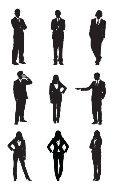 Business executives standing in different poses Business executives standing in different poseshttp://www.twodozendesign.info/i/1.png person presenting silhouette stock illustrations