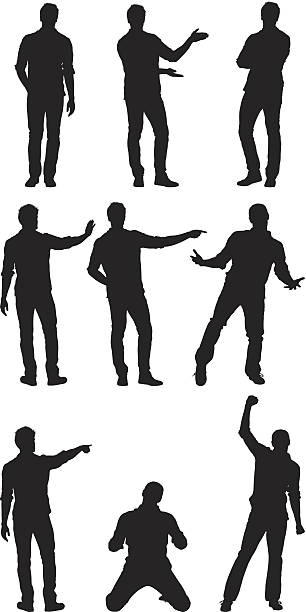 Man standing in different poses Man standing in different poseshttp://www.twodozendesign.info/i/1.png man presenting white background stock illustrations