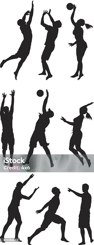 Beach-volley joueurs en action - clipart vectoriel de Silhouette - Contre-jour libre de droits