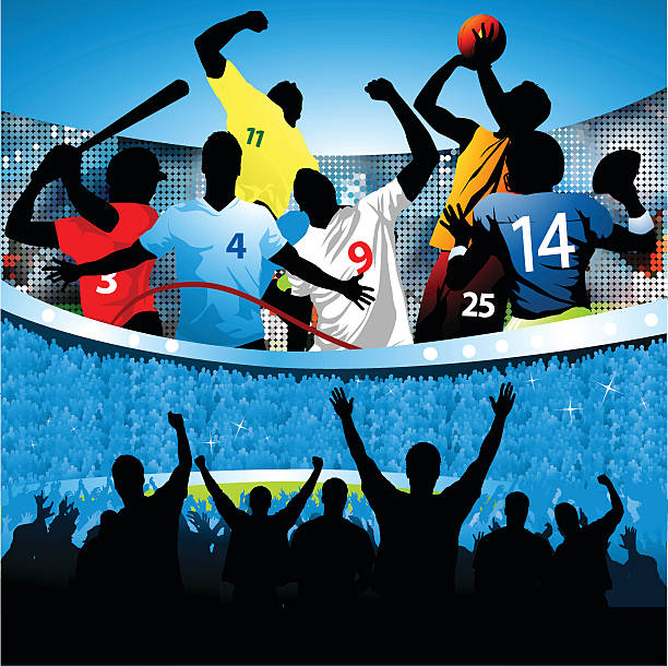 Sports all stars Fans cheering on a variety of sports stars appearing out of a huge lcd screen. basketball crowd stock illustrations