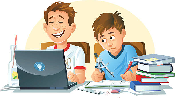 E-learning Two boys doing their homework. One works with a computer, the other one uses books, a drawing compas, a pencil, a ruler etc. Fully editable and all labeled in layers.  kid doing homework clip art stock illustrations