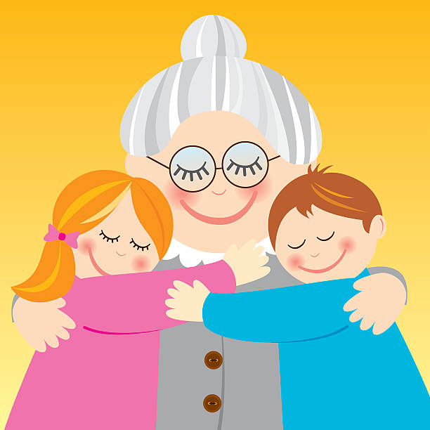 Grandmother hugging her grandchildren vector art illustration