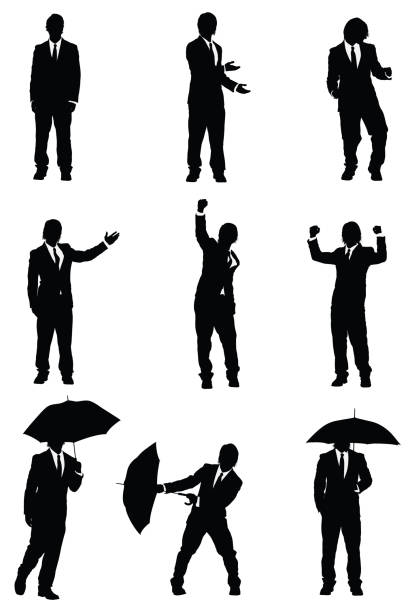 ilustraciones, imágenes clip art, dibujos animados e iconos de stock de silueta de un hombre de negocios en diferentes poses - men inside of suit silhouette
