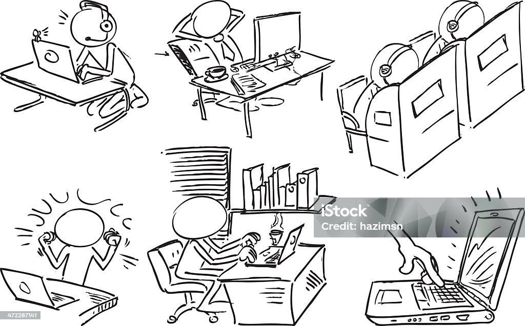 Faceless characters using laptops in different ways Character drawn in pencil and ink, illustrated to be in vector format, separate layers easy to use, suitable for many cartoons and animation purpose.  Computer stock vector