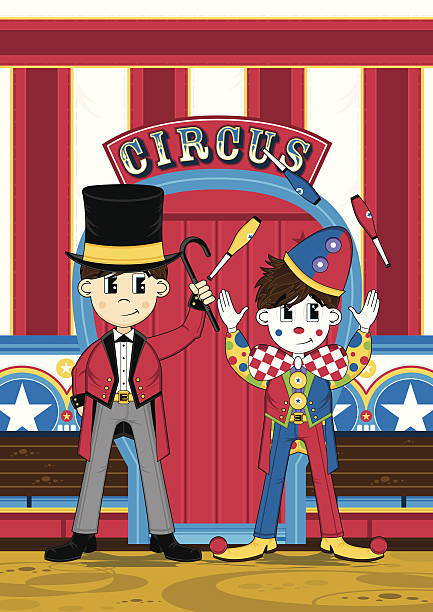 illustrazioni stock, clip art, cartoni animati e icone di tendenza di carino circo direttore di circo e clown - curtain red color image clown