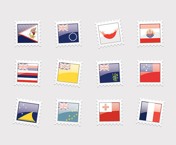illustrazioni stock, clip art, cartoni animati e icone di tendenza di francobollo postale bandiere: polinesia - isole wallis e futuna
