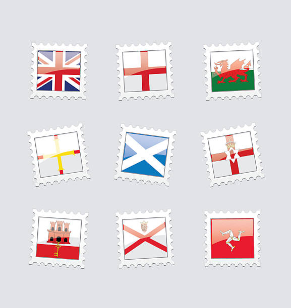 Postage Stamp Flags: British Territory in Europe Postage stamp flag set for your mobile applications, web and graphic designs and presentations.  welsh flag stock illustrations