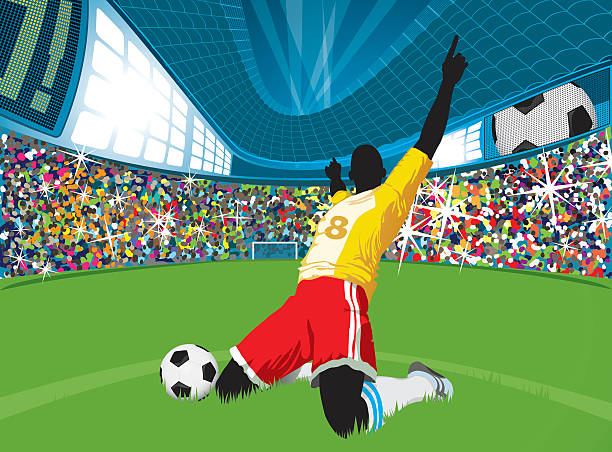 illustrations, cliparts, dessins animés et icônes de heureux joueur de football - soccer stadium illustrations