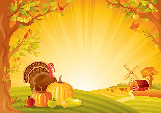 Vector illustration of Autumn lanscape with turkey and vegetebles